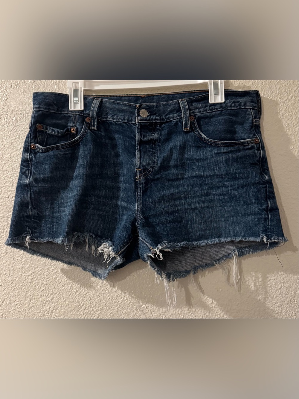 Levi's 501 Dark Blue Frayed Hem Denim Shorts
